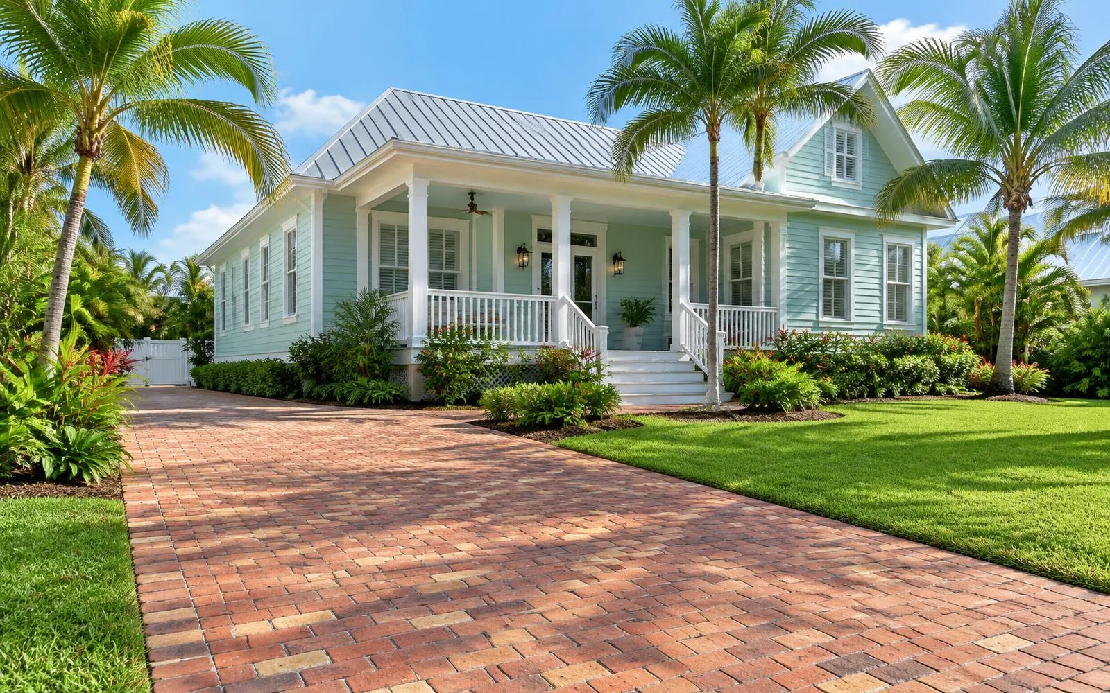 Red and tan brick paver driveway at a Key West-style home with a metal roof in Pembroke Pines