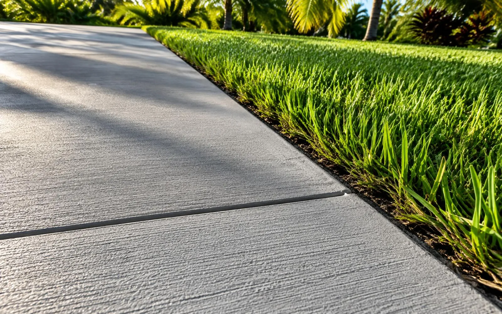 Close-up of new broom-finish concrete joints beside tropical plants in Pembroke Pines