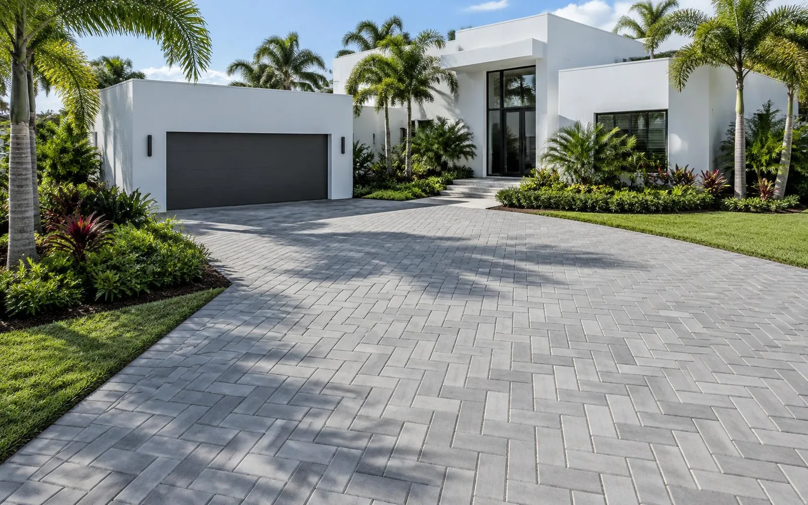 Herringbone concrete paver driveway at a modern white flat-roof home in Pembroke Pines