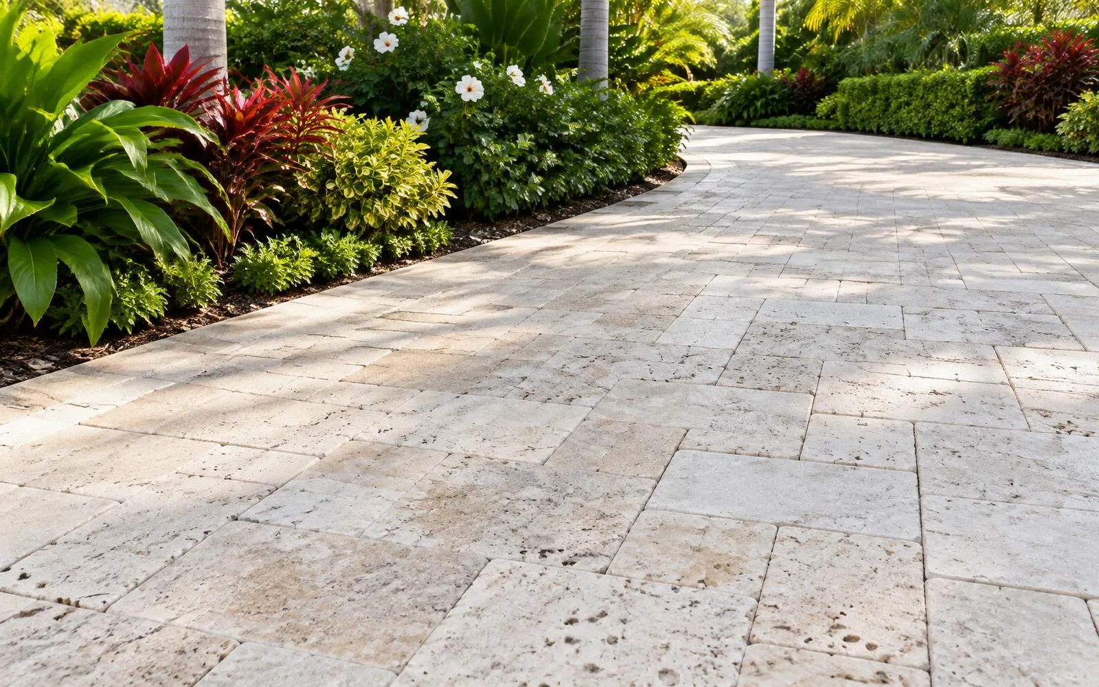 Light stone paver driveway surface beside tropical planting in Pembroke Pines