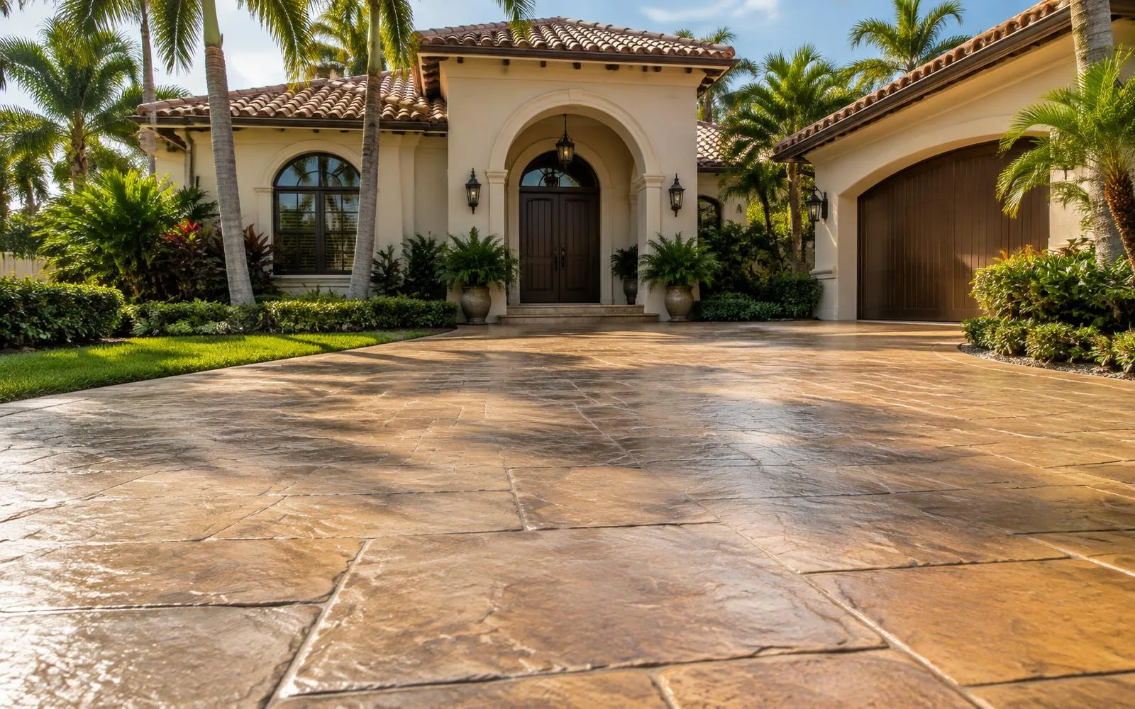 Warm tan ashlar slate stamped concrete driveway at a Spanish-style home in Pembroke Pines